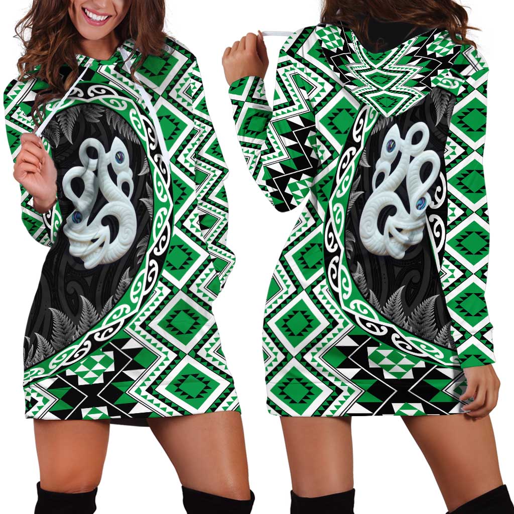 Green Taniko Motif Aotearoa Manaia and Silver Fern Hoodie Dress LT03 - Polynesian Pride