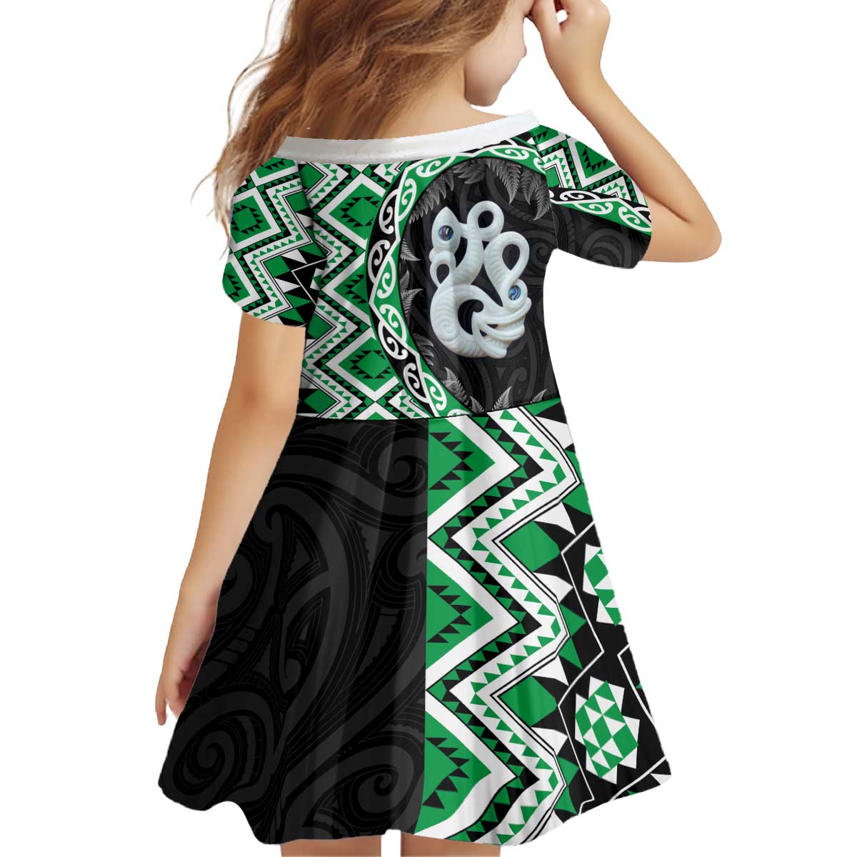 Green Taniko Motif Aotearoa Manaia and Silver Fern Kid Short Sleeve Dress