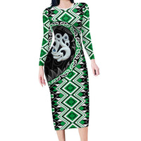 Green Taniko Motif Aotearoa Manaia and Silver Fern Long Sleeve Bodycon Dress LT03 Long Dress Green - Polynesian Pride