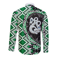 Green Taniko Motif Aotearoa Manaia and Silver Fern Long Sleeve Button Shirt LT03 - Polynesian Pride