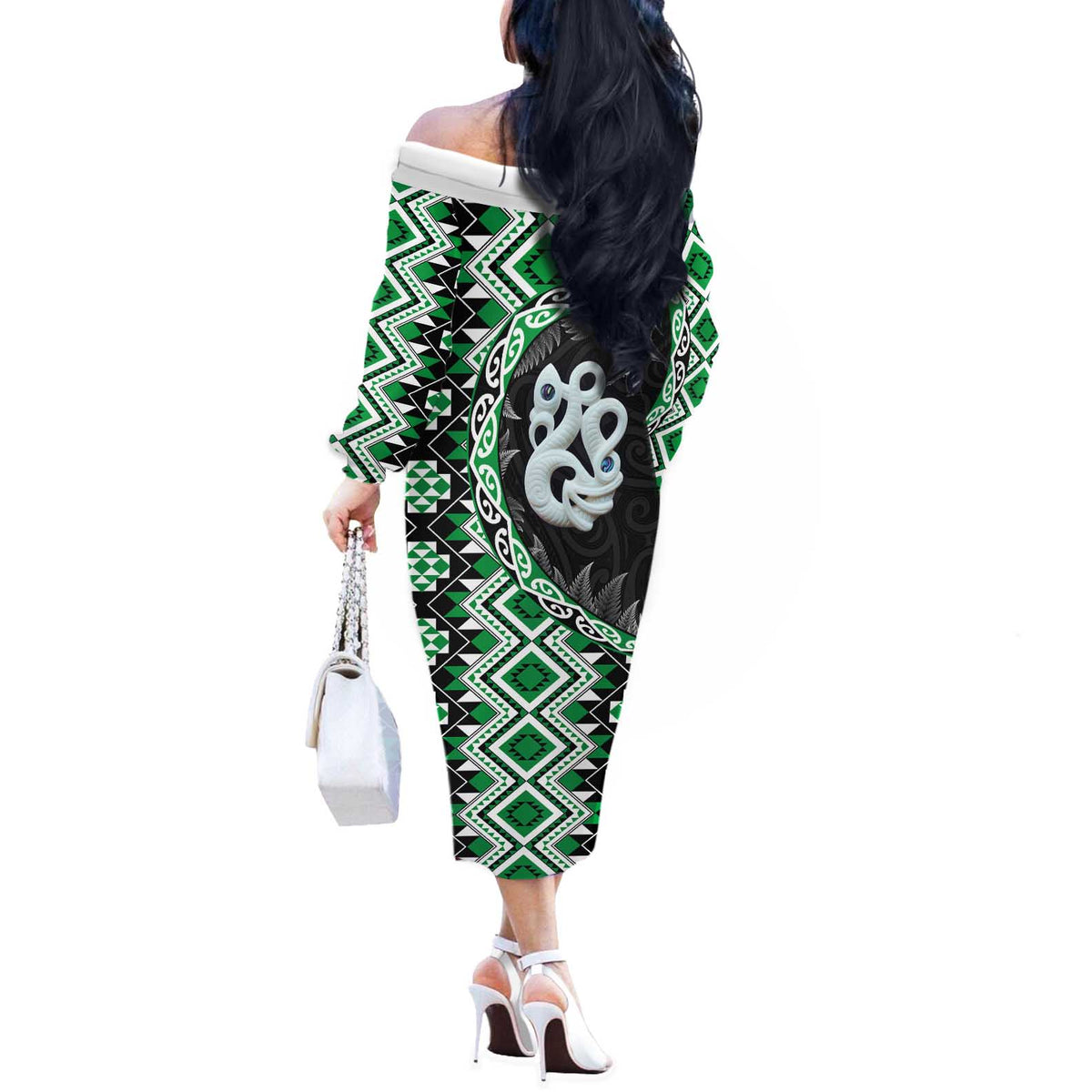 Green Taniko Motif Aotearoa Manaia and Silver Fern Off The Shoulder Long Sleeve Dress LT03 - Polynesian Pride