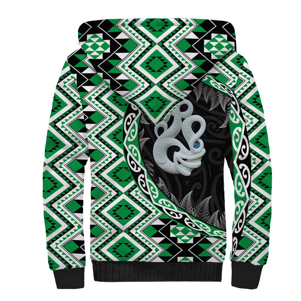 Green Taniko Motif Aotearoa Manaia and Silver Fern Sherpa Hoodie LT03 - Polynesian Pride