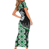 Green Taniko Motif Aotearoa Manaia and Silver Fern Short Sleeve Bodycon Dress LT03 - Polynesian Pride