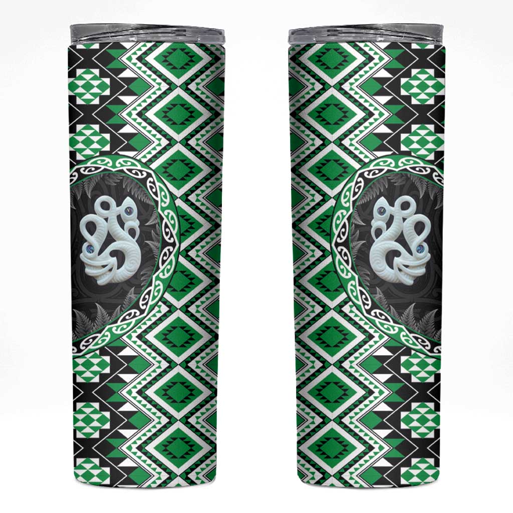 Green Taniko Motif Aotearoa Manaia and Silver Fern Skinny Tumbler LT03 Green - Polynesian Pride