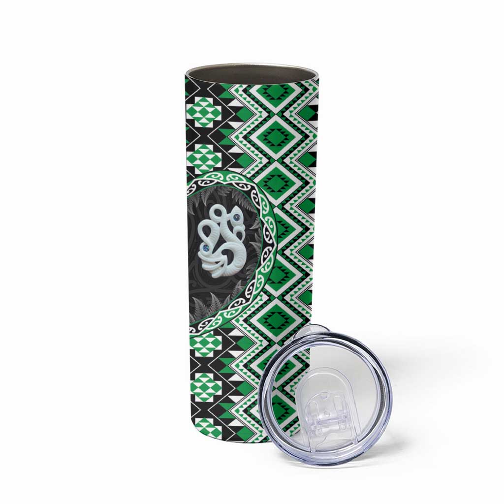 Green Taniko Motif Aotearoa Manaia and Silver Fern Skinny Tumbler LT03 - Polynesian Pride