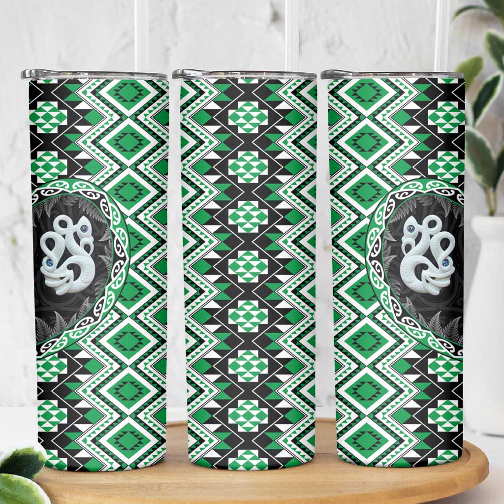 Green Taniko Motif Aotearoa Manaia and Silver Fern Skinny Tumbler LT03 - Polynesian Pride