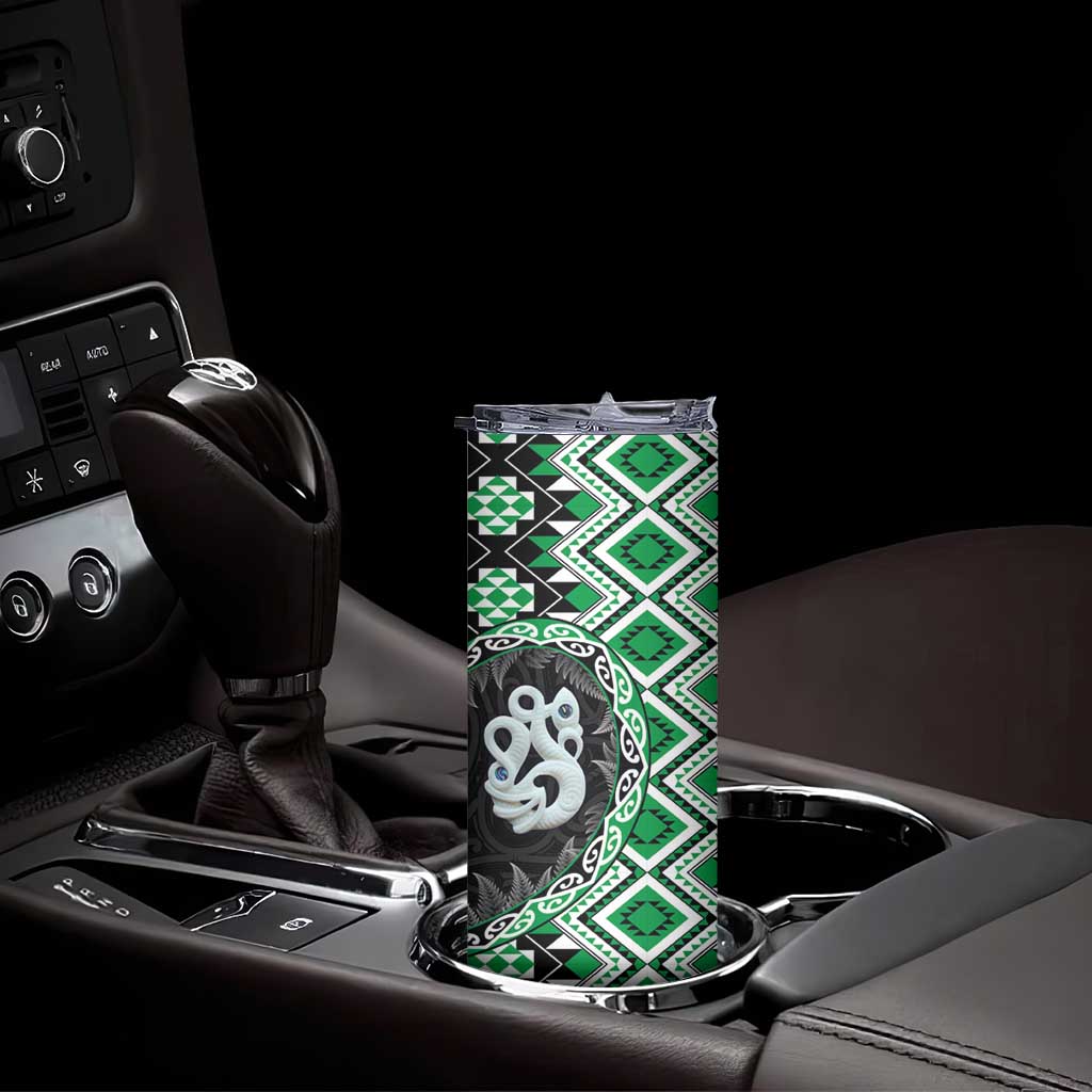 Green Taniko Motif Aotearoa Manaia and Silver Fern Skinny Tumbler LT03 - Polynesian Pride