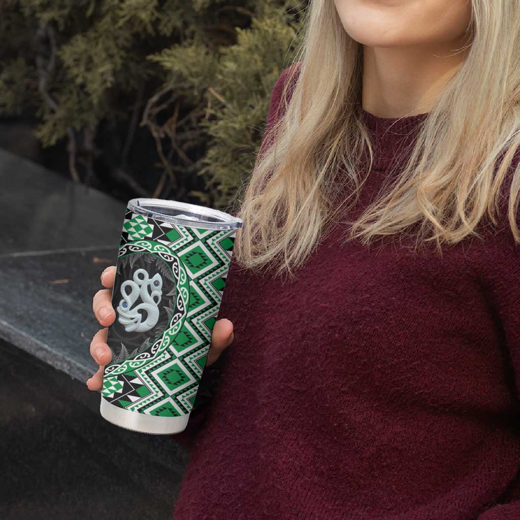 Green Taniko Motif Aotearoa Manaia and Silver Fern Tumbler Cup