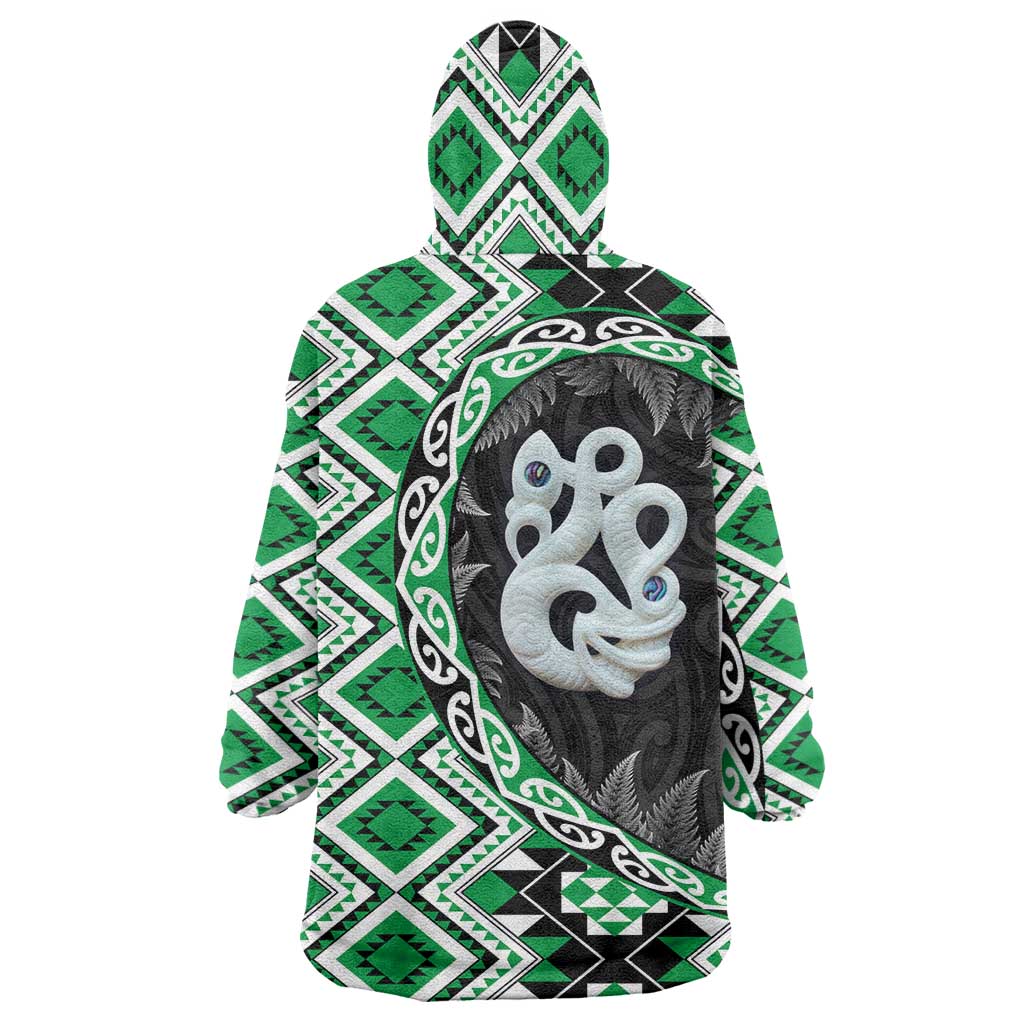 Green Taniko Motif Aotearoa Manaia and Silver Fern Wearable Blanket Hoodie LT03 - Polynesian Pride