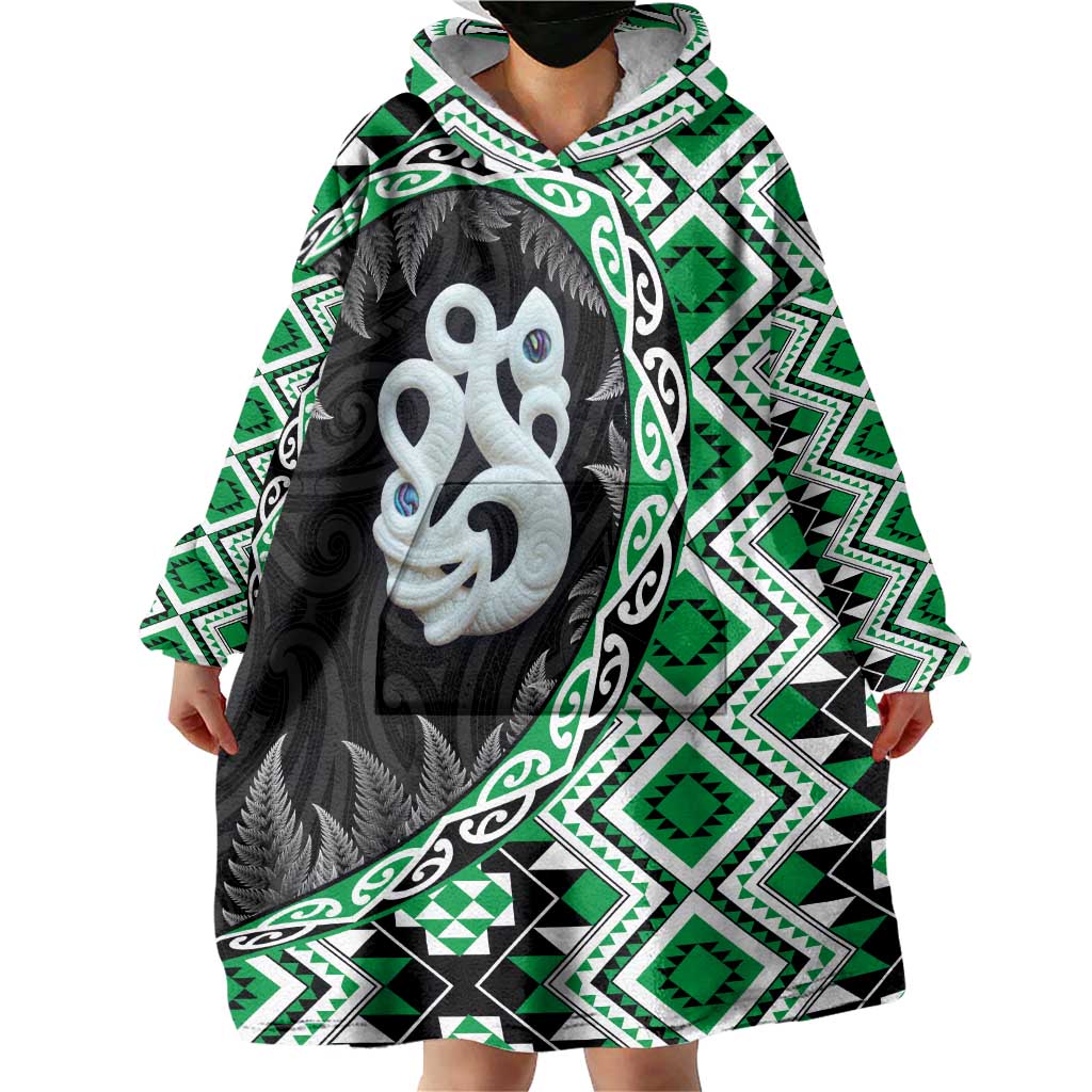 Green Taniko Motif Aotearoa Manaia and Silver Fern Wearable Blanket Hoodie LT03 - Polynesian Pride