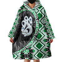 Green Taniko Motif Aotearoa Manaia and Silver Fern Wearable Blanket Hoodie LT03 - Polynesian Pride