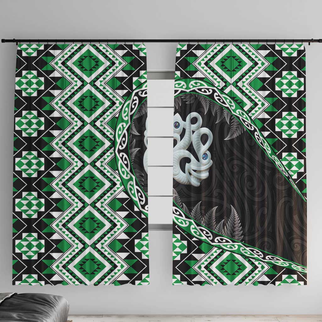 Green Taniko Motif Aotearoa Manaia and Silver Fern Window Curtain LT03 With Hooks Green - Polynesian Pride
