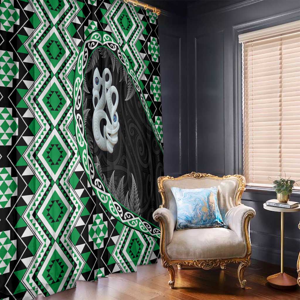 Green Taniko Motif Aotearoa Manaia and Silver Fern Window Curtain LT03 - Polynesian Pride