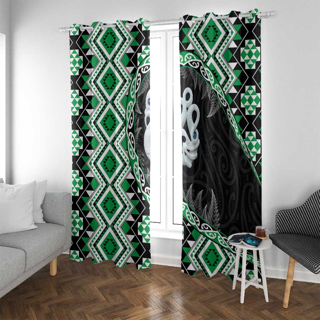Green Taniko Motif Aotearoa Manaia and Silver Fern Window Curtain LT03 With Grommets Green - Polynesian Pride