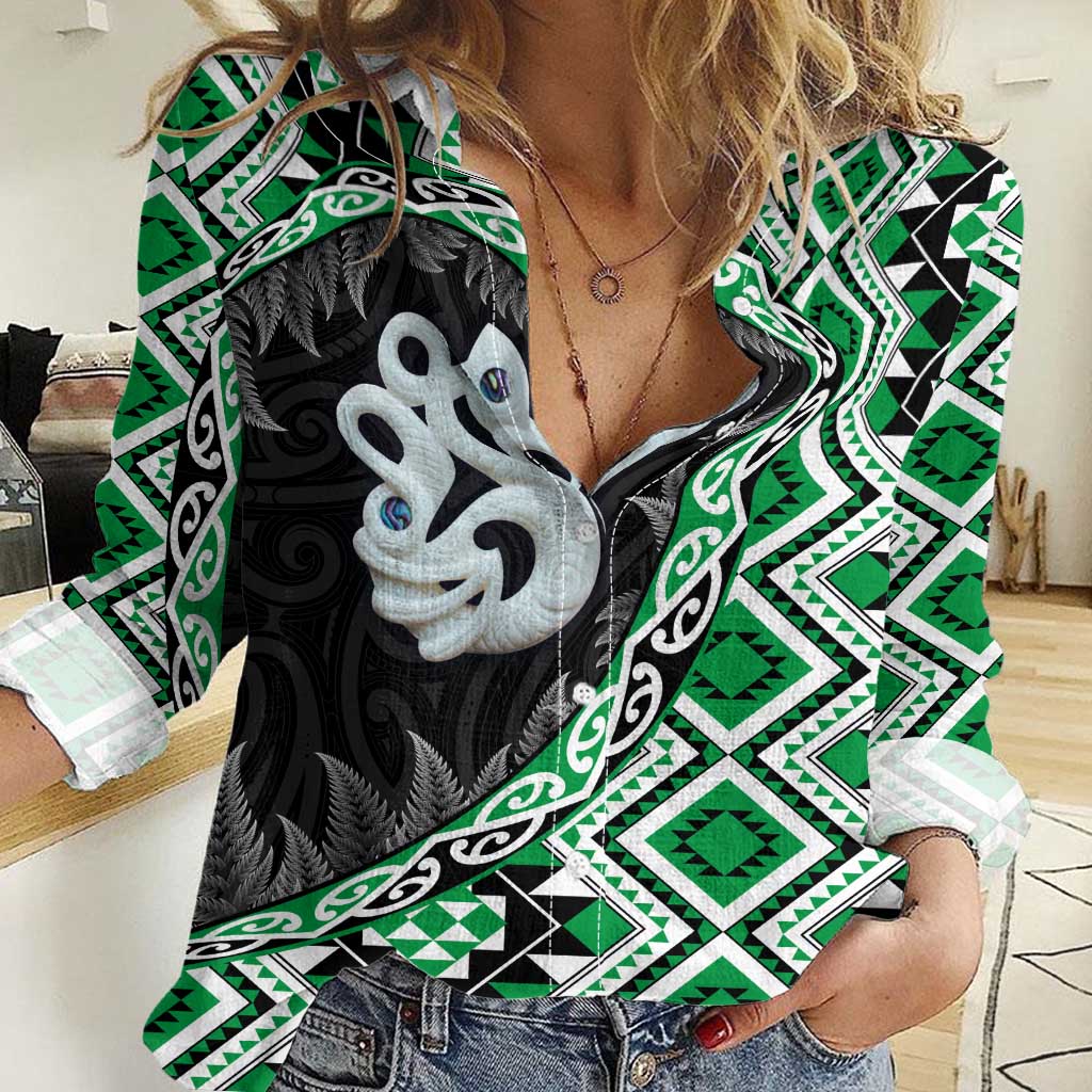 Green Taniko Motif Aotearoa Manaia and Silver Fern Women Casual Shirt LT03 Female Green - Polynesian Pride