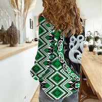 Green Taniko Motif Aotearoa Manaia and Silver Fern Women Casual Shirt LT03 - Polynesian Pride