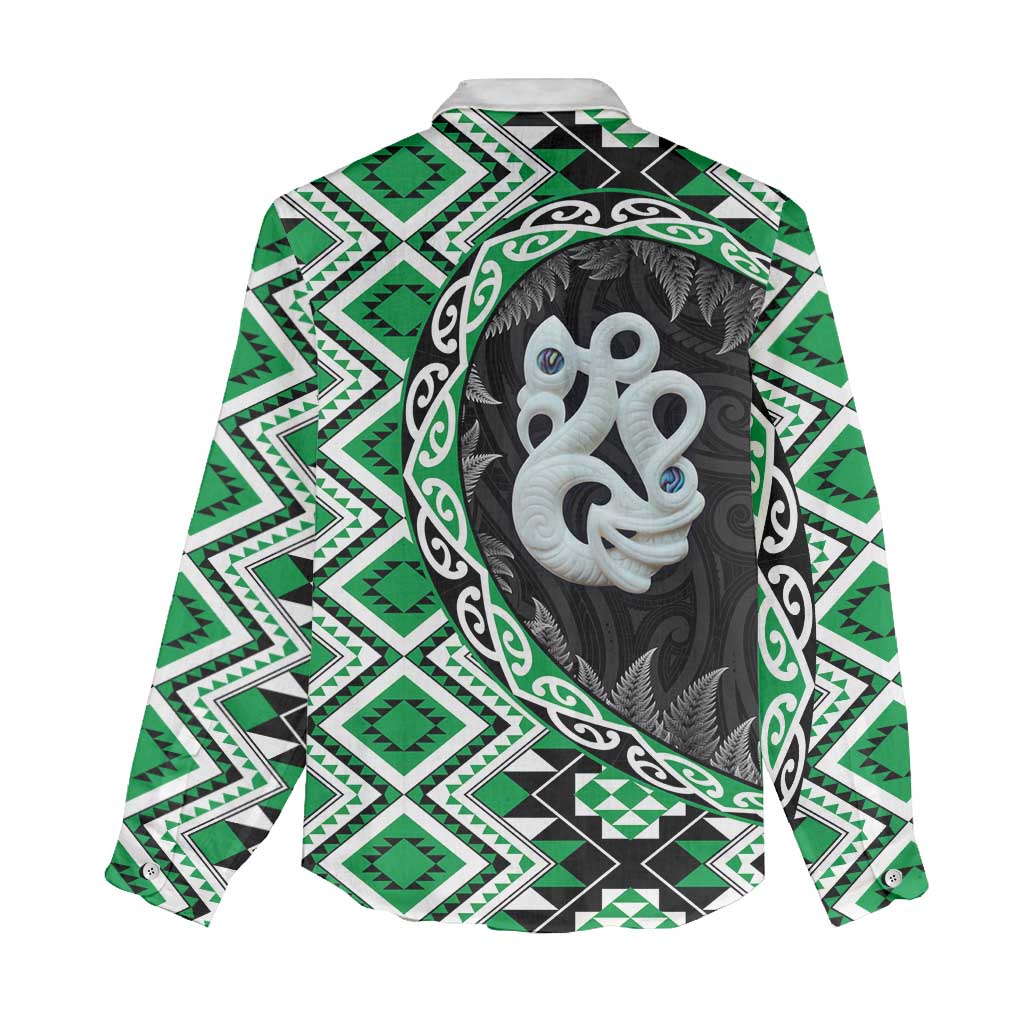 Green Taniko Motif Aotearoa Manaia and Silver Fern Women Casual Shirt LT03 - Polynesian Pride