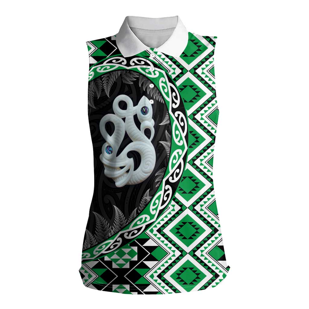 Green Taniko Motif Aotearoa Manaia and Silver Fern Women Sleeveless Polo Shirt LT03 Female Green - Polynesian Pride