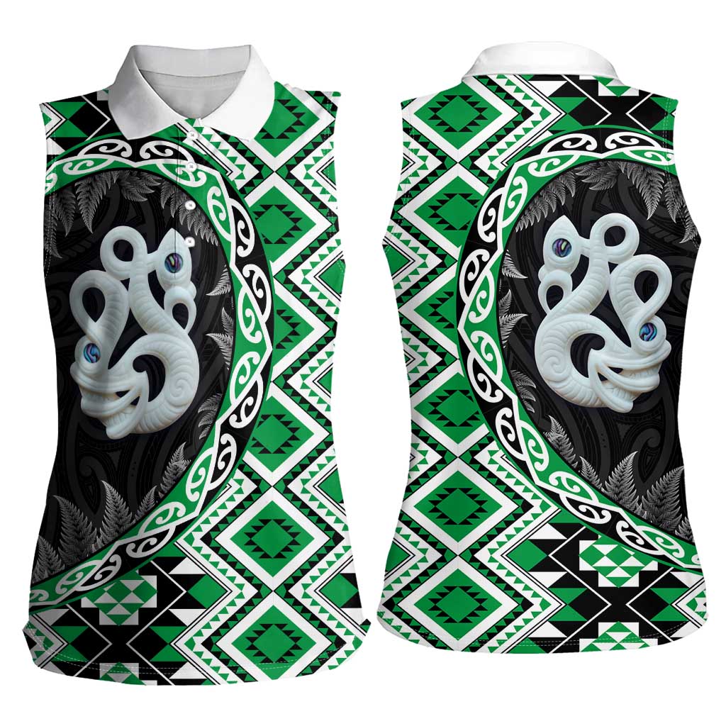Green Taniko Motif Aotearoa Manaia and Silver Fern Women Sleeveless Polo Shirt LT03 - Polynesian Pride