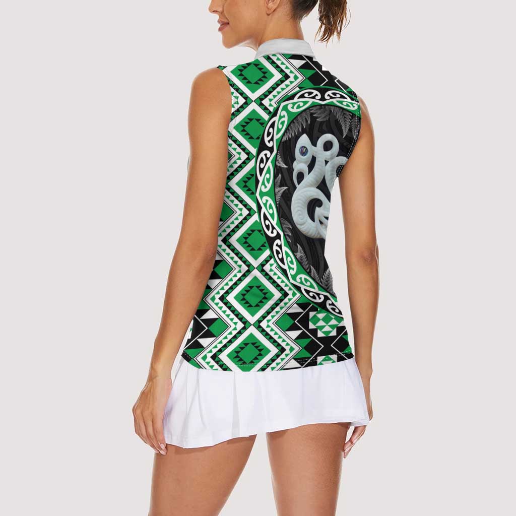 Green Taniko Motif Aotearoa Manaia and Silver Fern Women Sleeveless Polo Shirt LT03 - Polynesian Pride