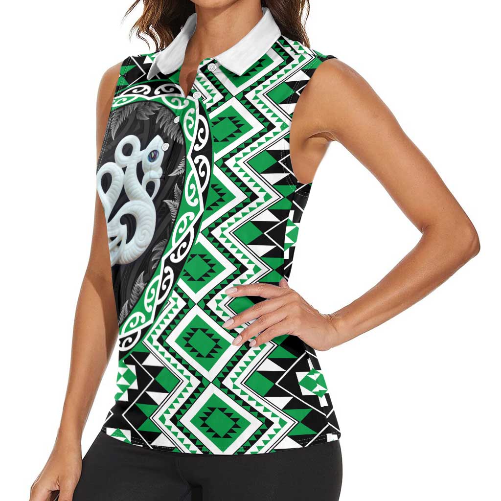 Green Taniko Motif Aotearoa Manaia and Silver Fern Women Sleeveless Polo Shirt LT03 - Polynesian Pride