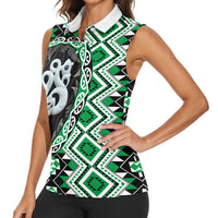 Green Taniko Motif Aotearoa Manaia and Silver Fern Women Sleeveless Polo Shirt LT03 - Polynesian Pride