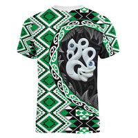 Green Taniko Motif Aotearoa Manaia and Silver Fern Women V-Neck T-Shirt LT03 - Polynesian Pride