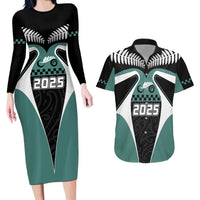 Custom New Zealand Bicycle 2025 Couples Matching Long Sleeve Bodycon Dress and Hawaiian Shirt LT03 Black-Teal - Polynesian Pride