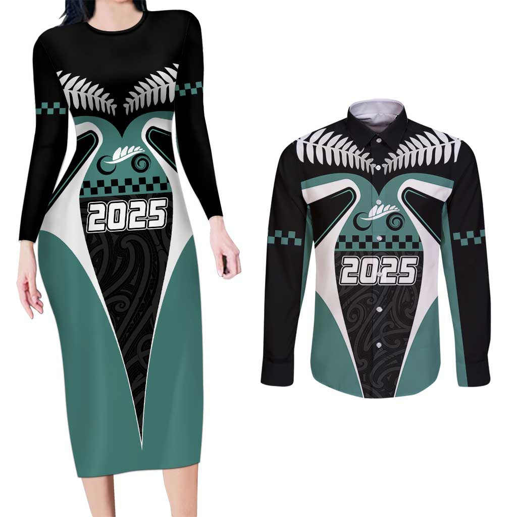 Custom New Zealand Bicycle 2025 Couples Matching Long Sleeve Bodycon Dress and Long Sleeve Button Shirt LT03 Black-Teal - Polynesian Pride