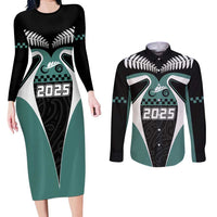 Custom New Zealand Bicycle 2025 Couples Matching Long Sleeve Bodycon Dress and Long Sleeve Button Shirt LT03 Black-Teal - Polynesian Pride