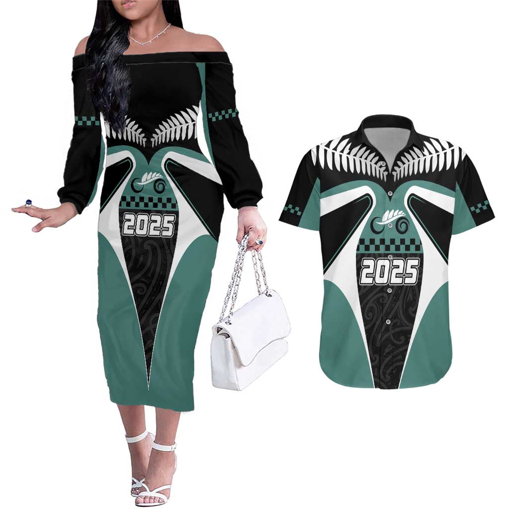 Custom New Zealand Bicycle 2025 Couples Matching Off The Shoulder Long Sleeve Dress and Hawaiian Shirt LT03 Black-Teal - Polynesian Pride