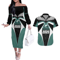 Custom New Zealand Bicycle 2025 Couples Matching Off The Shoulder Long Sleeve Dress and Hawaiian Shirt LT03 Black-Teal - Polynesian Pride