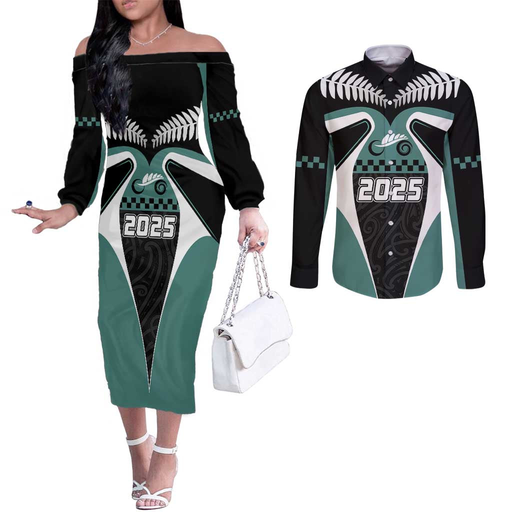 Custom New Zealand Bicycle 2025 Couples Matching Off The Shoulder Long Sleeve Dress and Long Sleeve Button Shirt LT03 Black-Teal - Polynesian Pride