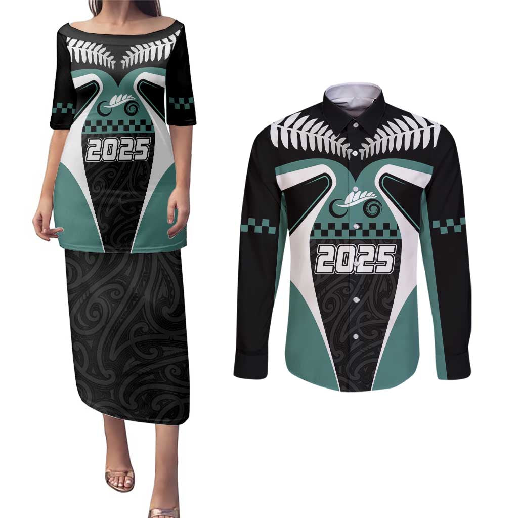 Custom New Zealand Bicycle 2025 Couples Matching Puletasi and Long Sleeve Button Shirt LT03 Black-Teal - Polynesian Pride