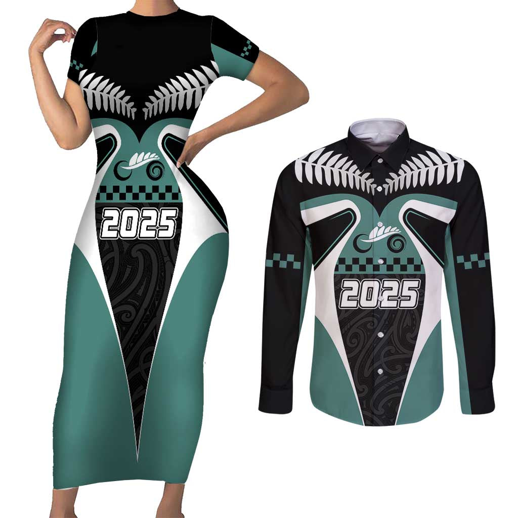 Custom New Zealand Bicycle 2025 Couples Matching Short Sleeve Bodycon Dress and Long Sleeve Button Shirt LT03 Black-Teal - Polynesian Pride