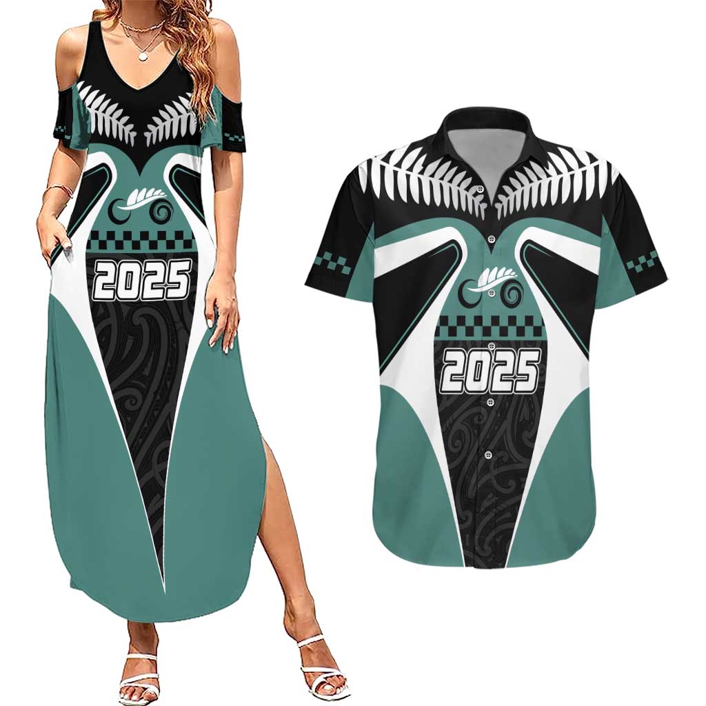 Custom New Zealand Bicycle 2025 Couples Matching Summer Maxi Dress and Hawaiian Shirt LT03 Black-Teal - Polynesian Pride