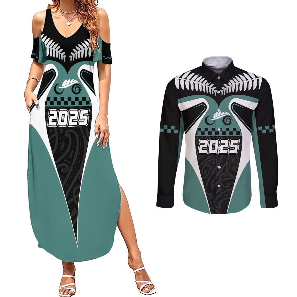 Custom New Zealand Bicycle 2025 Couples Matching Summer Maxi Dress and Long Sleeve Button Shirt LT03 Black-Teal - Polynesian Pride