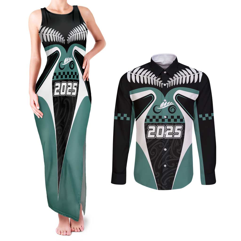 Custom New Zealand Bicycle 2025 Couples Matching Tank Maxi Dress and Long Sleeve Button Shirt LT03 Black-Teal - Polynesian Pride