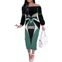 Custom New Zealand Bicycle 2025 Family Matching Off The Shoulder Long Sleeve Dress and Hawaiian Shirt LT03 Mom's Dress Black-Teal - Polynesian Pride