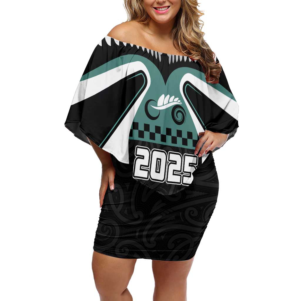 Custom New Zealand Bicycle 2025 Family Matching Off Shoulder Short Dress and Hawaiian Shirt LT03 Mom's Dress Black-Teal - Polynesian Pride