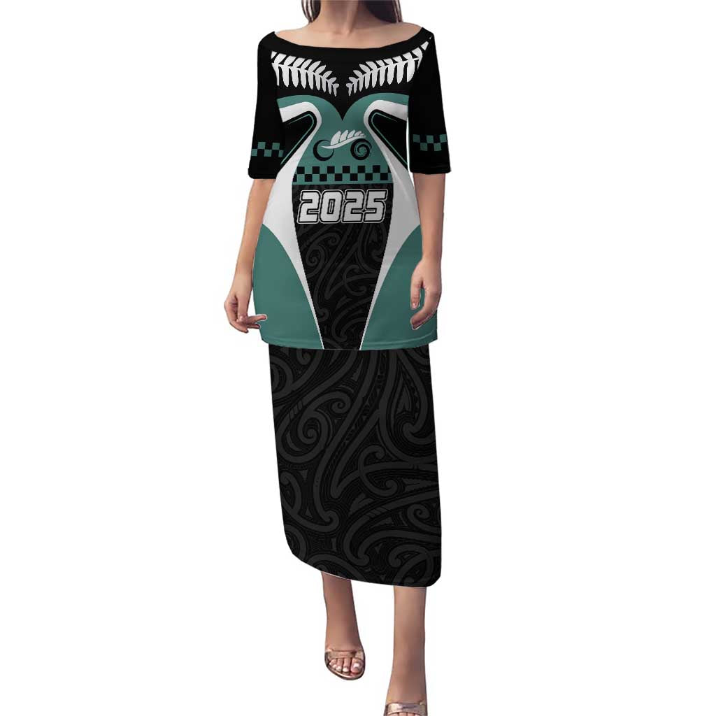 Custom New Zealand Bicycle 2025 Puletasi LT03 Long Dress Black-Teal - Polynesian Pride
