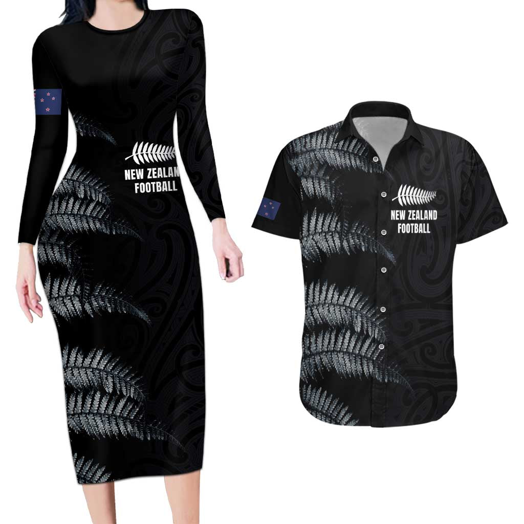 Custom New Zealand Football-Towards World Cup 2026 Couples Matching Long Sleeve Bodycon Dress and Hawaiian Shirt LT03 Black - Polynesian Pride