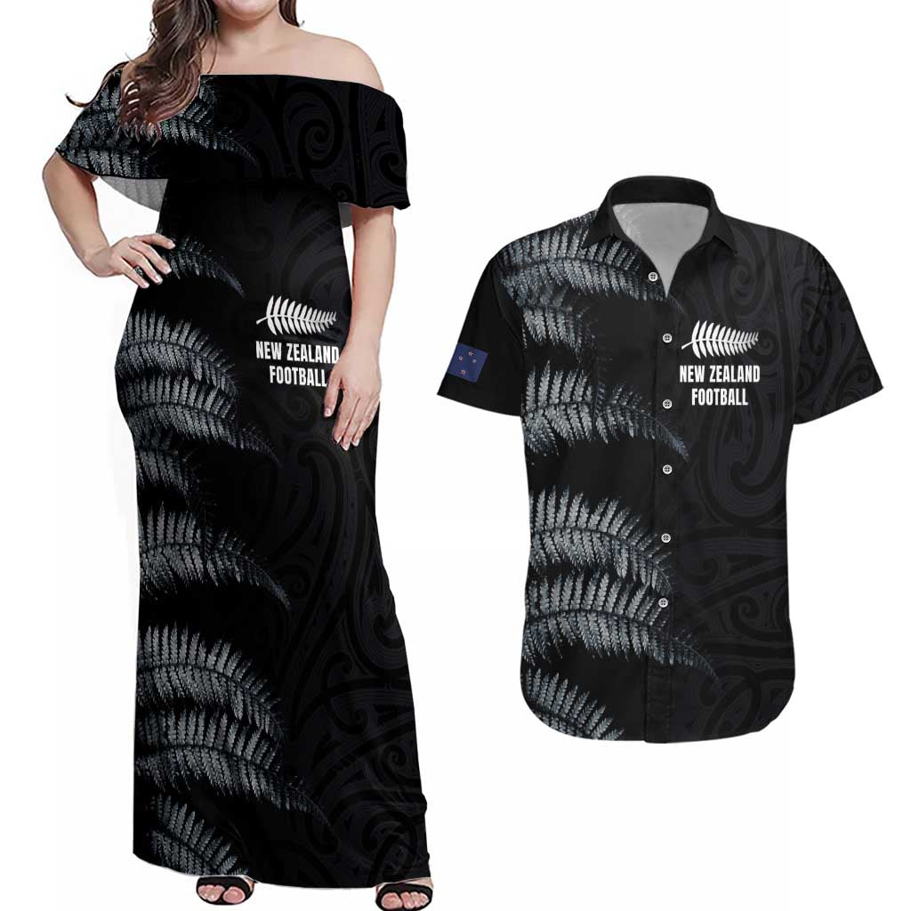 Custom New Zealand Football-Towards World Cup 2026 Couples Matching Off Shoulder Maxi Dress and Hawaiian Shirt LT03 Black - Polynesian Pride