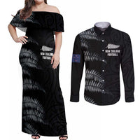 Custom New Zealand Football-Towards World Cup 2026 Couples Matching Off Shoulder Maxi Dress and Long Sleeve Button Shirt LT03 Black - Polynesian Pride