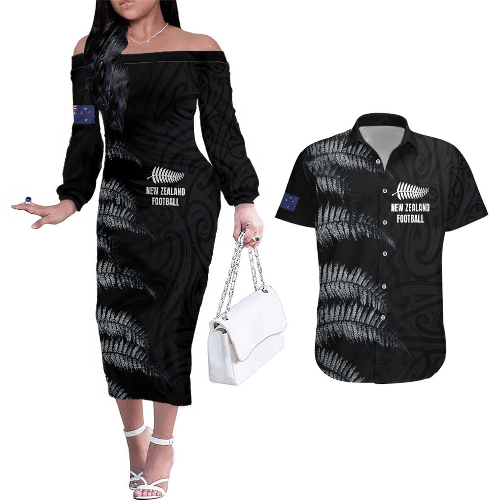 Custom New Zealand Football-Towards World Cup 2026 Couples Matching Off The Shoulder Long Sleeve Dress and Hawaiian Shirt LT03 Black - Polynesian Pride