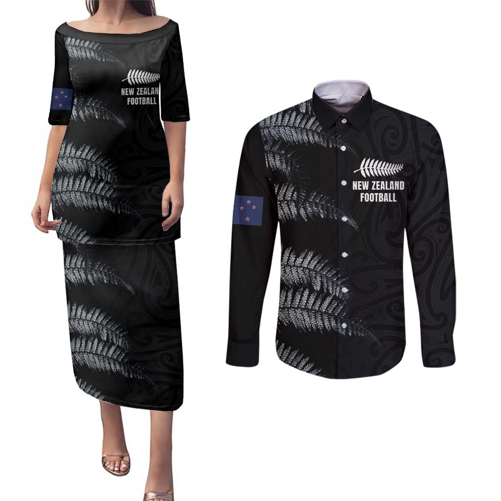 Custom New Zealand Football-Towards World Cup 2026 Couples Matching Puletasi and Long Sleeve Button Shirt LT03 Black - Polynesian Pride