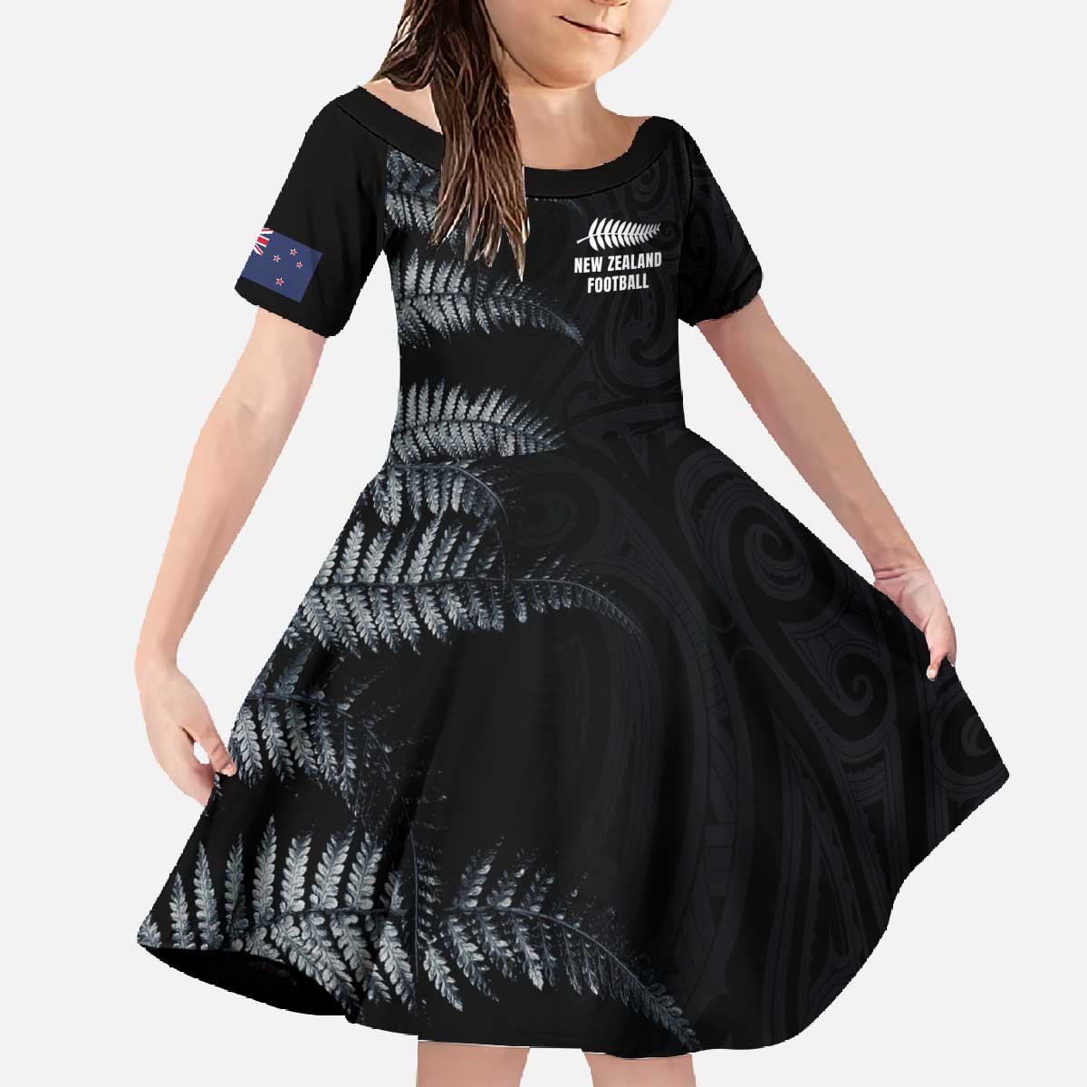 Custom New Zealand Football-Towards World Cup 2026 Family Matching Off The Shoulder Long Sleeve Dress and Hawaiian Shirt LT03 Daughter's Dress Black - Polynesian Pride