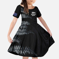 Custom New Zealand Football-Towards World Cup 2026 Family Matching Off The Shoulder Long Sleeve Dress and Hawaiian Shirt LT03 Daughter's Dress Black - Polynesian Pride
