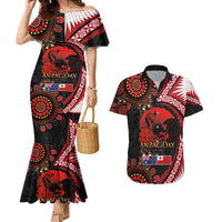 Tonga and Australia ANZAC Day Couples Matching Mermaid Dress and Hawaiian Shirt Aboriginal and Ngatu Art Pattern - Gallipoli Lest We Forget LT03 Black - Polynesian Pride