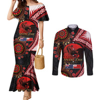 Tonga and Australia ANZAC Day Couples Matching Mermaid Dress and Long Sleeve Button Shirt Aboriginal and Ngatu Art Pattern - Gallipoli Lest We Forget LT03 Black - Polynesian Pride